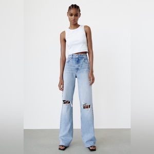Zara High Rise Ripped Wide Leg Jeans